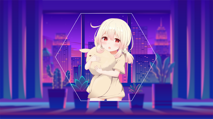 Anime girl holding a plush toy in front of a city skyline