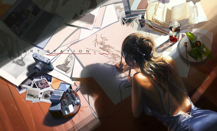 Art Station: Woman drawing at a desk