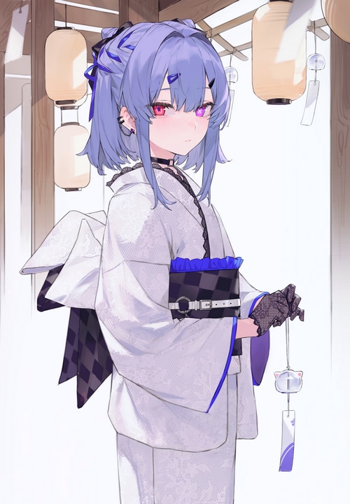 Anime girl with blue hair in a white kimono