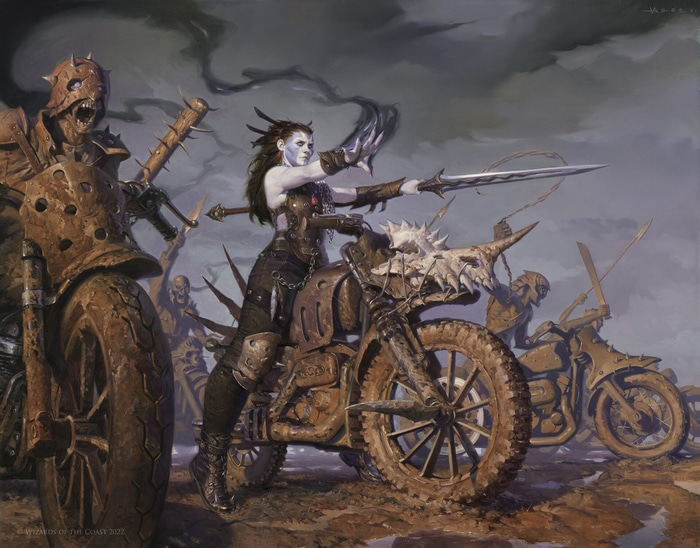 Fantasy women on motorcycles with weapons