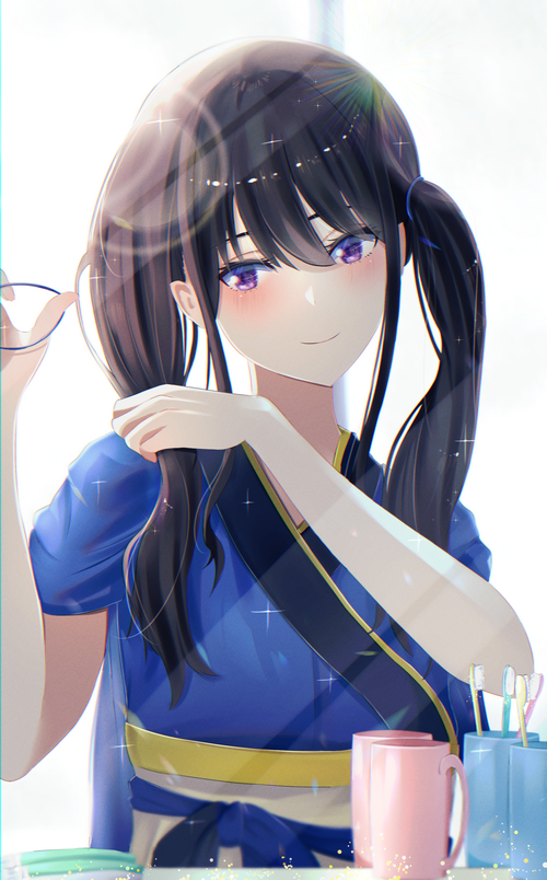 Inoue Takina from Lycoris Recoil brushing her hair