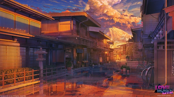 Japanese Street with Mount Fuji at Sunset