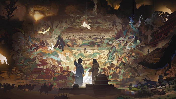 Mural depicting Dunhuang with two children looking on