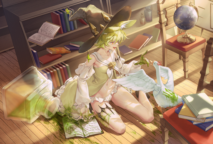 Witch with green hair and a goose in a library