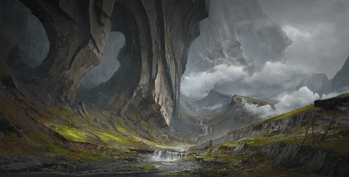 Fantasy landscape with river and rock formations