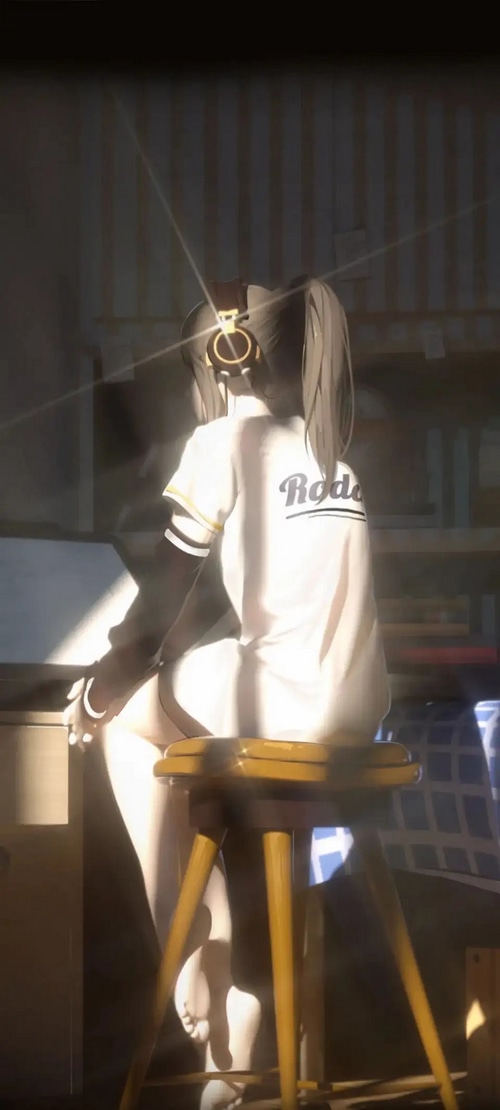 Girl with headphones and ponytail sitting on stool