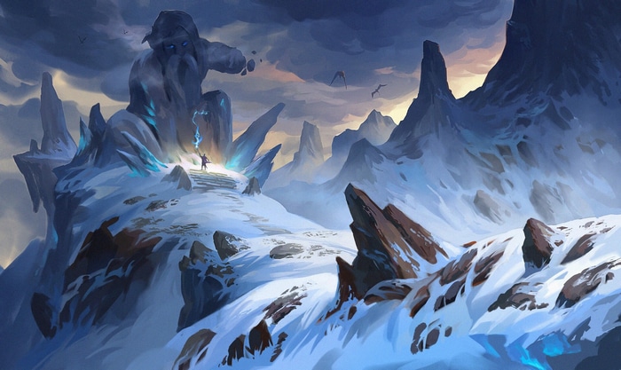 Giant stone figure in a snowy mountain landscape