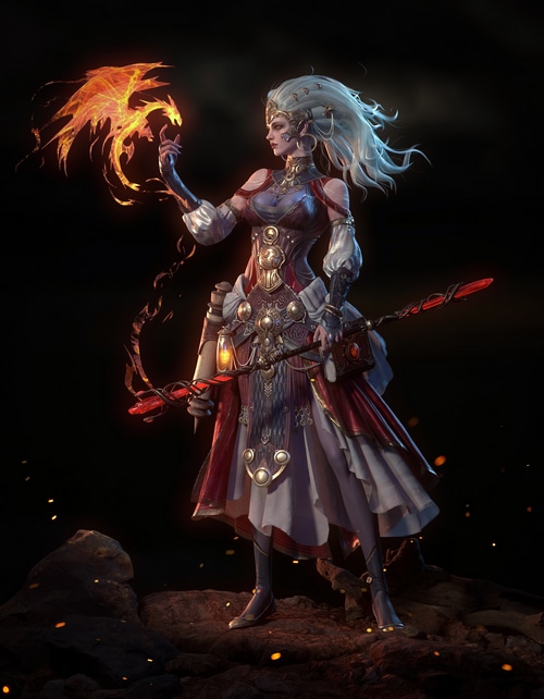 Fantasy woman with silver hair conjures a phoenix