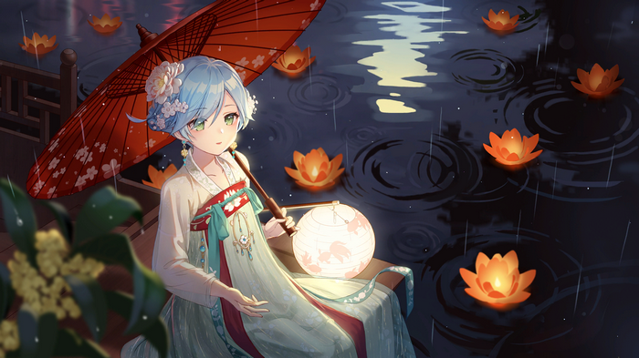 Cornelia with umbrella and lantern on water