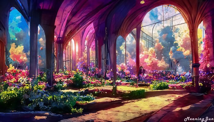 A magical garden with purple flowers and arched structures
