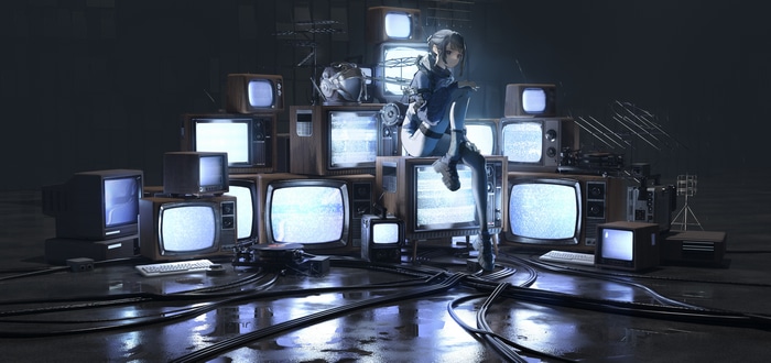 Girl sitting on pile of televisions