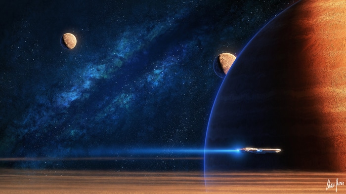 Elias Stern's spaceship travels through a galaxy