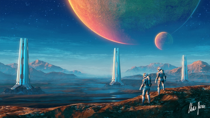 Elias Stern astronauts on alien planet with futuristic towers