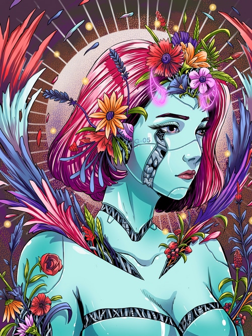 Cyborg fantasy girl with flowers and horns