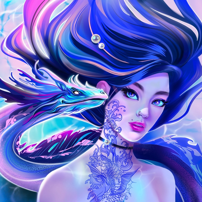 Fantasy girl with blue hair and dragon