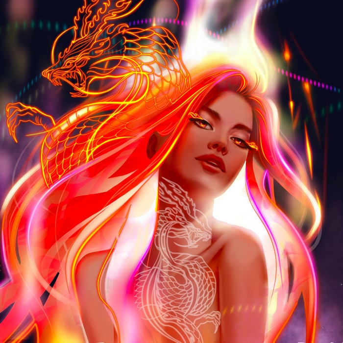 Fantasy art of a woman with a Chinese dragon