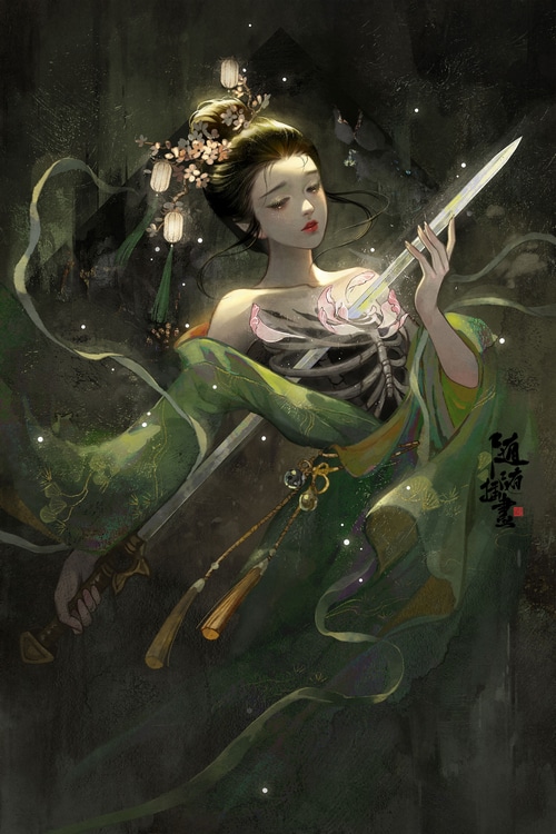 Fantasy girl with sword and exposed rib cage