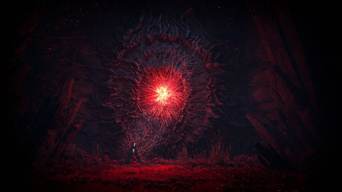 Fantasy artwork of a glowing red core in a dark cave