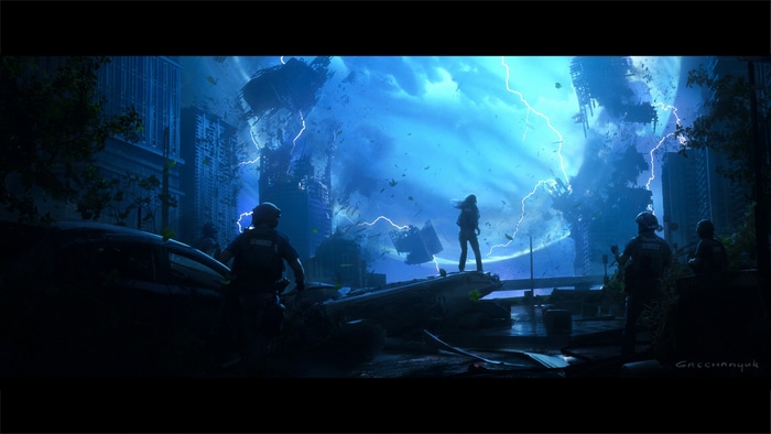 People in tactical gear observe a massive storm over a destroyed city