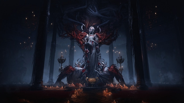 A dark fantasy scene with a central figure and demonic elements