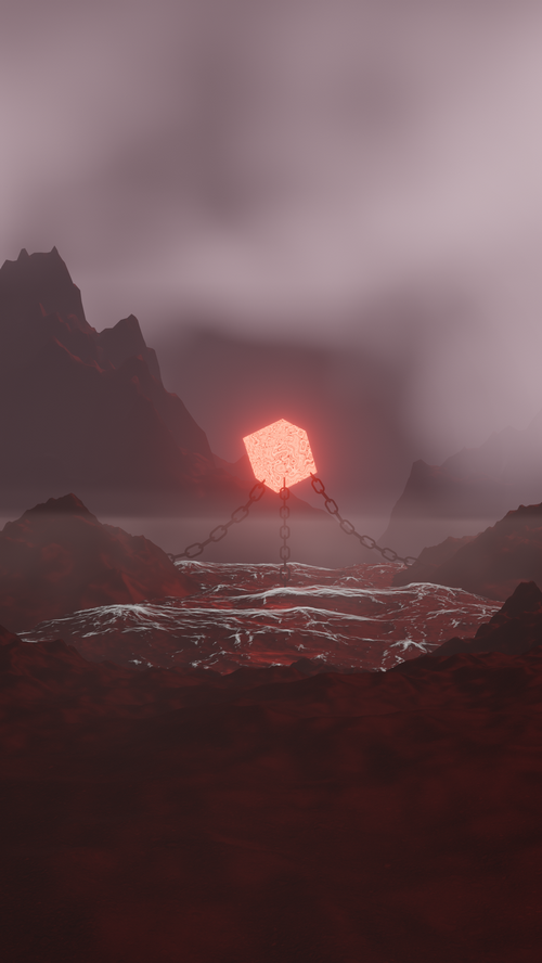 Glowing cube chained over red water and mountains