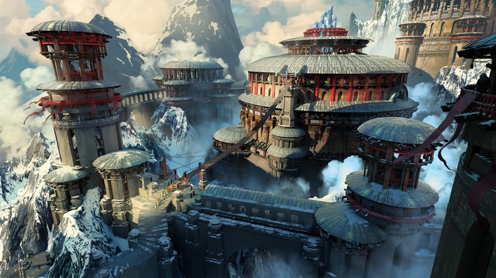 Fantasy temple complex on snowy mountains
