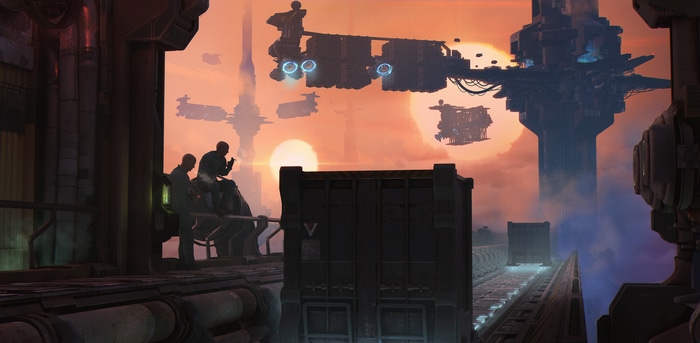 Cyberpunk futuristic city with flying vehicles