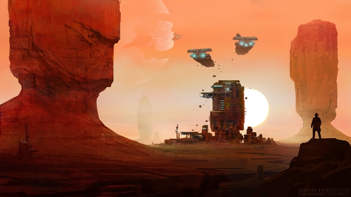 4K Science Fiction Desert Landscape with Spaceships
