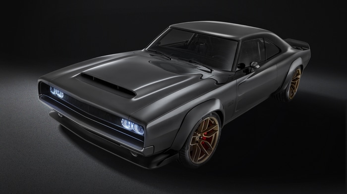 Gray Dodge Charger on a dark background