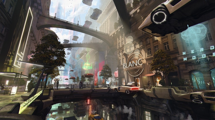 Futuristic city with flying cars and holographic displays