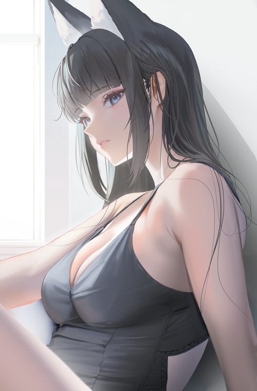 Fox girl with blue eyes wearing a dark dress
