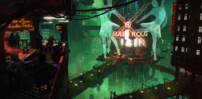 Cyberpunk Moulin Rouge hologram in a futuristic city