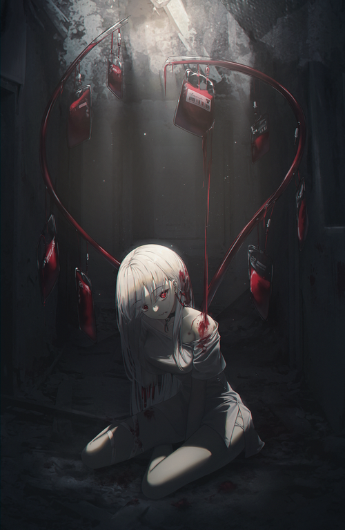 Girl with red eyes and blood bags