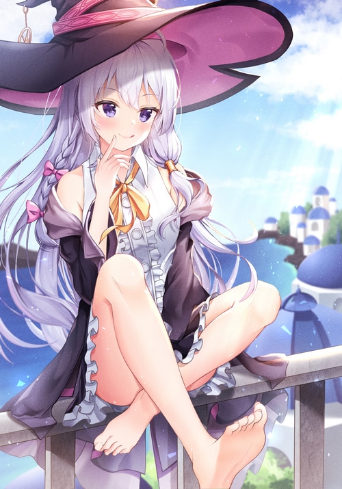 Elaina in a witch hat with purple eyes and silver hair