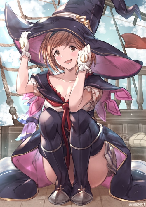 Djeeta in a witch hat on a ship
