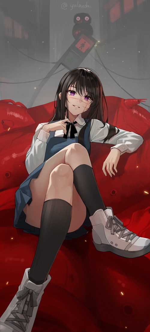 Asa Mitaka from Chainsaw Man on a red couch