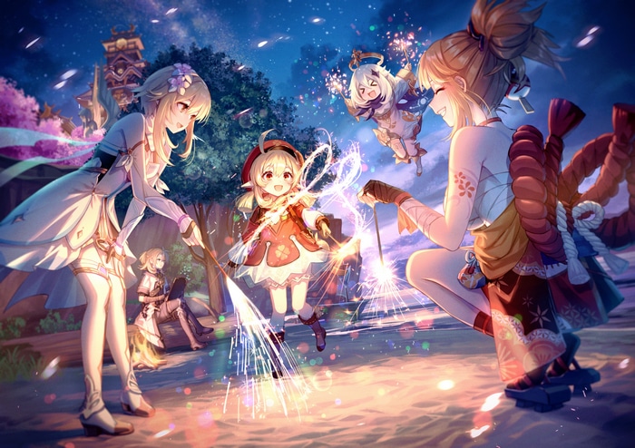 Genshin Impact characters celebrating with fireworks
