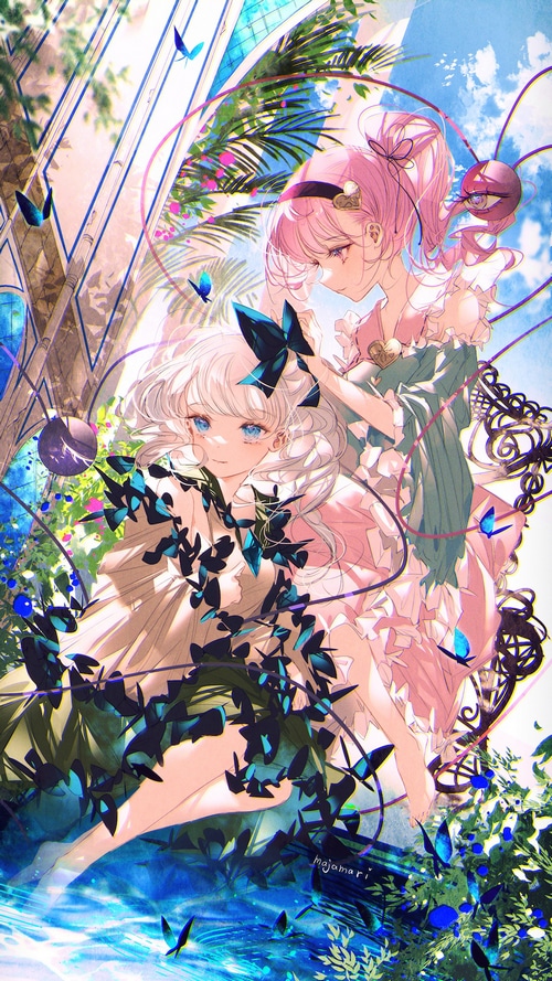 Two girls with butterflies in a garden