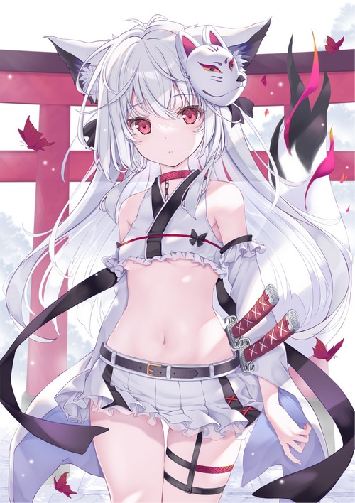 Anime fox girl with red eyes and fox mask