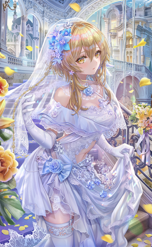 Lumine in a wedding dress with blue flowers