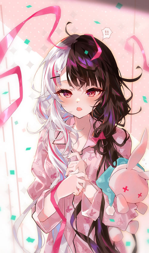 Anime girl with split hair holding a bunny plush