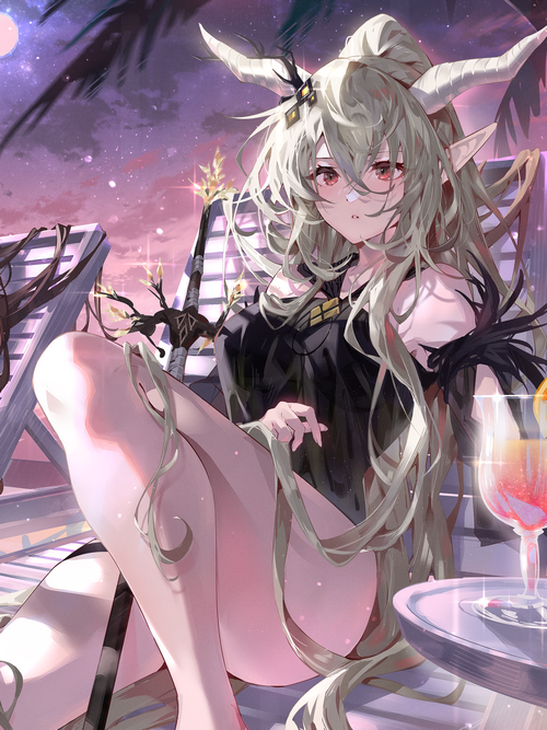 Anime girl with horns and green hair at sunset