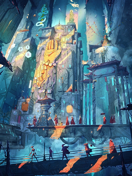 Fantasy art of a futuristic Buddhist city