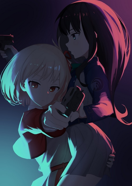 Nishikigi Chisato and Inoue Takina with guns
