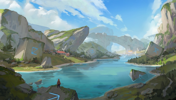 Fantasy landscape with ancient ruins and a lake
