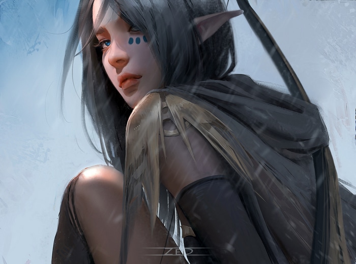 Fantasy elf archer with blue markings on face