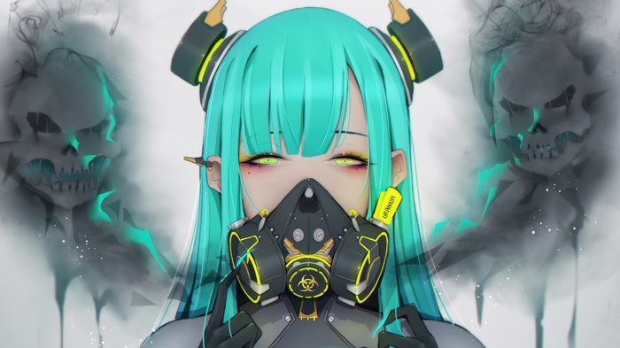 4K Anime Girl with Gas Mask and Skull Smoke