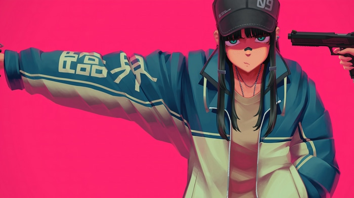 Girl with guns on pink background