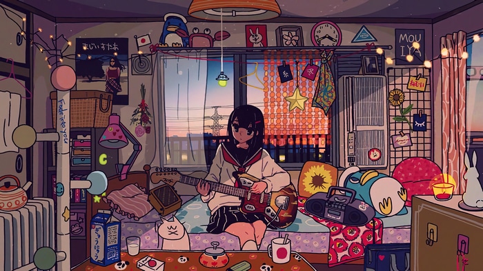 Schoolgirl playing guitar in a Japanese room