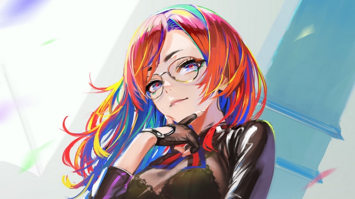 4K anime girl with multi-colored hair and glasses